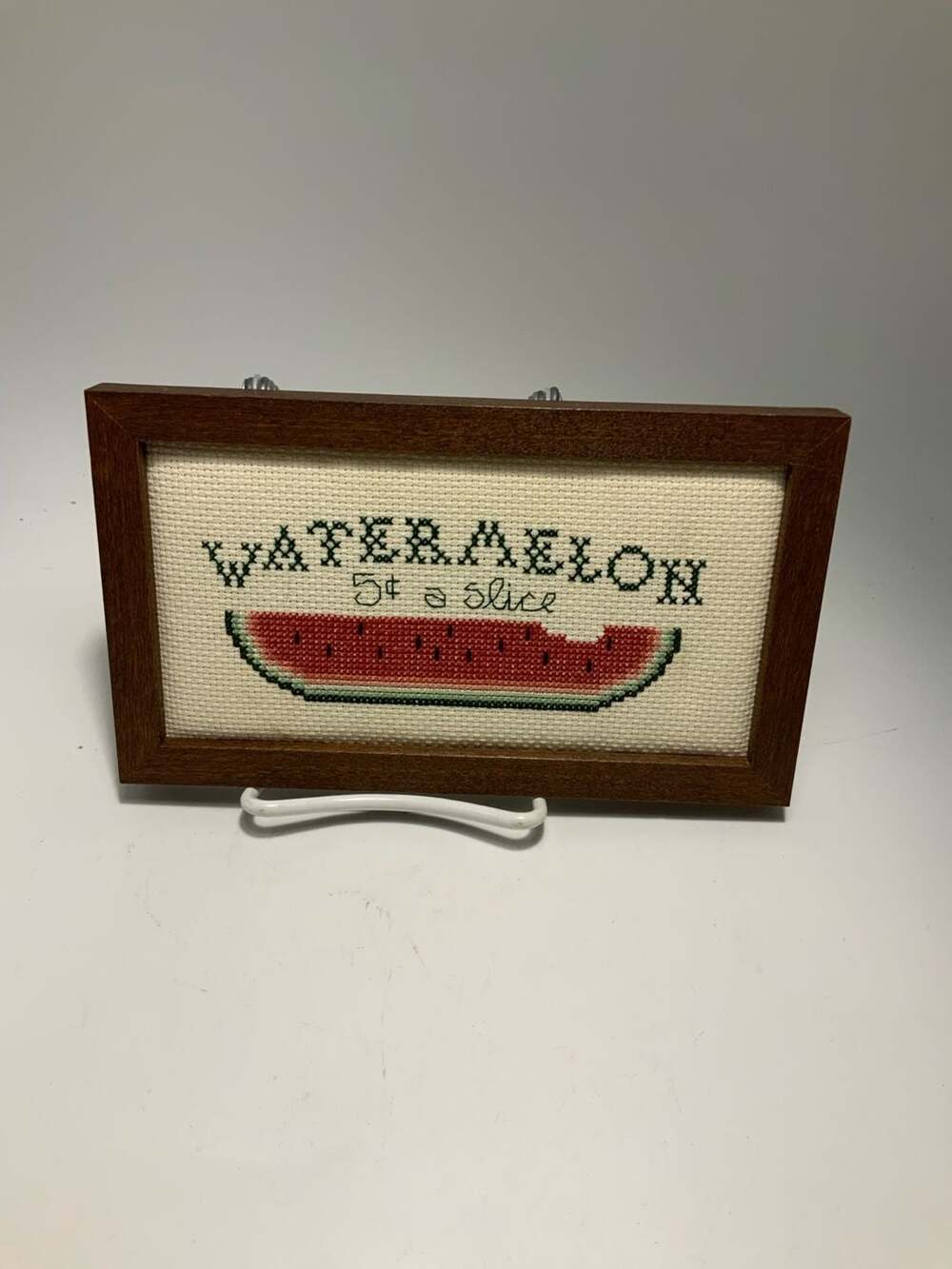 Handmade Watermelon Cross Stitch Art Framed Wood 6 Inch